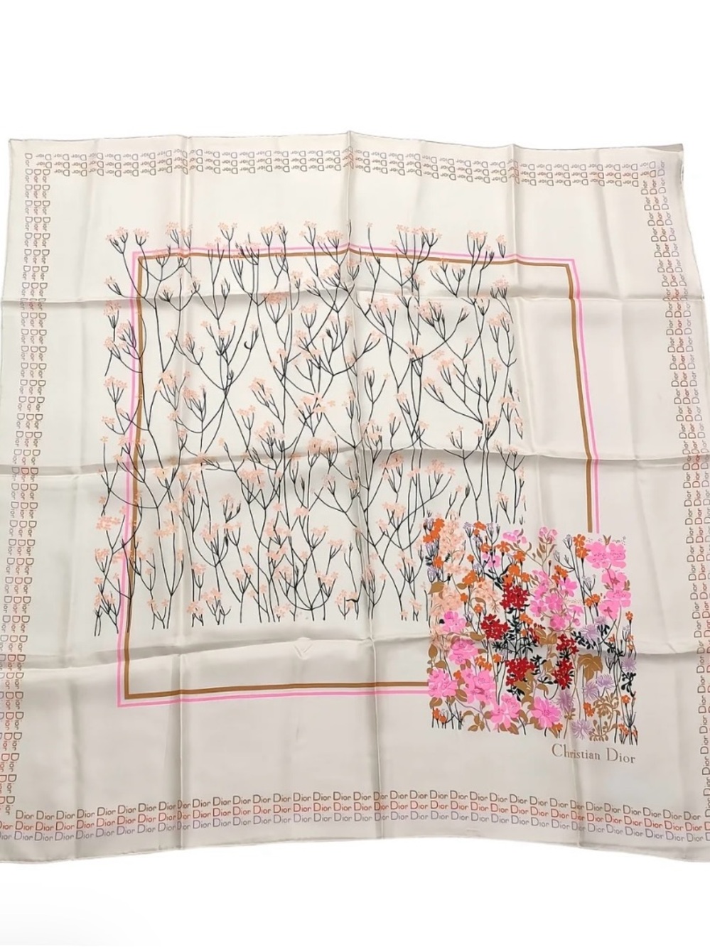 Dior Cream Floral Silk Scarf with Pink and Orange Accents